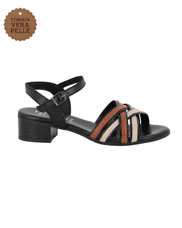 Prodotto: ELLEN BLAKE - Sandalo nero in VERA PELLE con cinturini incrociati, tacco 3,5CM