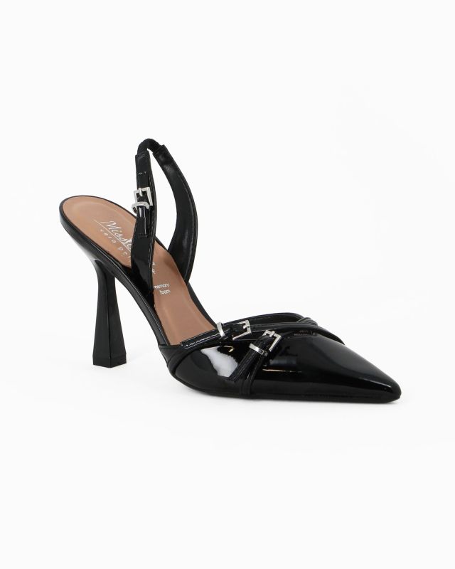 Prodotto: MISS GLOBO - Décolleté slingback nera in vernice con sottopiede in VERA PELLE memory foam e cinturini incrociati sulla punta, tacco 9,5CM