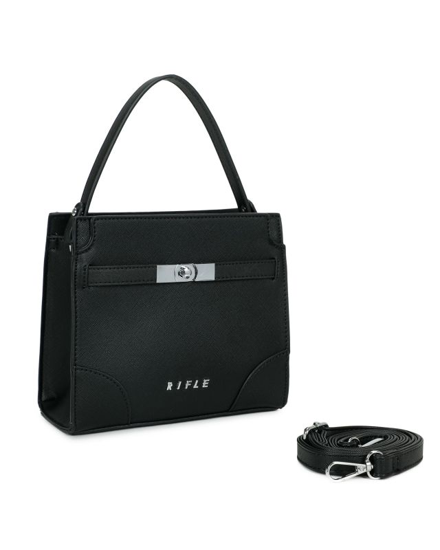Prodotto: RIFLE - Minibag un manico nera con tasca posteriore e cinturini con chiusura a girello, tracolla removibile