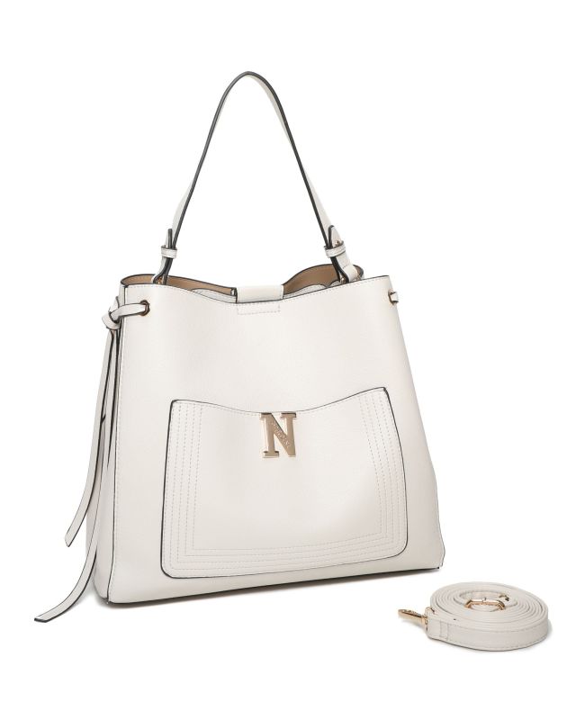 Prodotto: NARDINI - Borsa a mano beige con due scomparti interni e tasca frontale, tracolla removibile