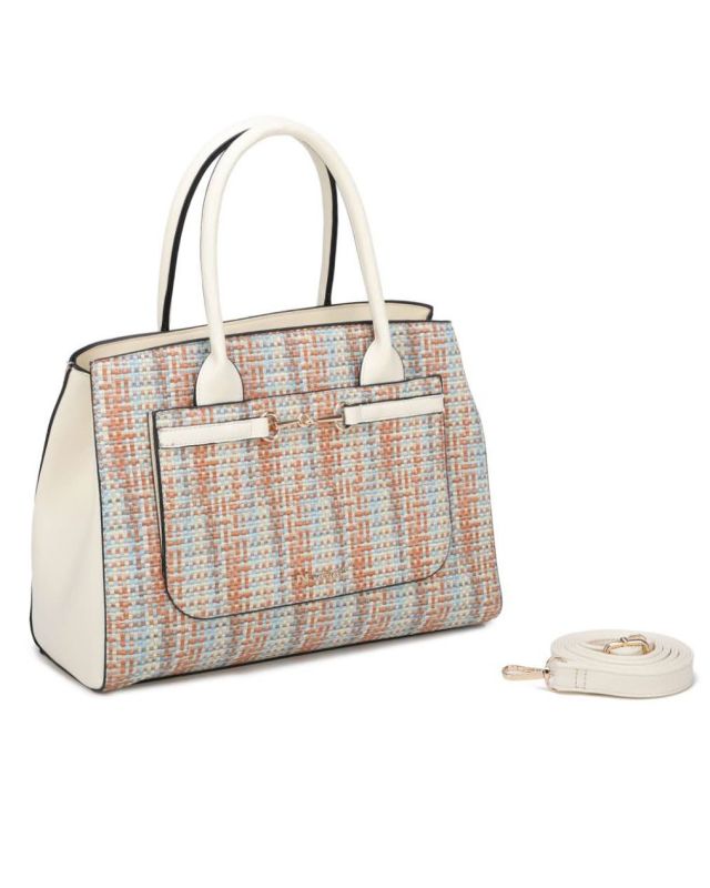 Prodotto: NARDINI - Borsa due manici con trama ad intreccio multicolor con tasca frontale e dettaglio morsetto, tracolla removibile