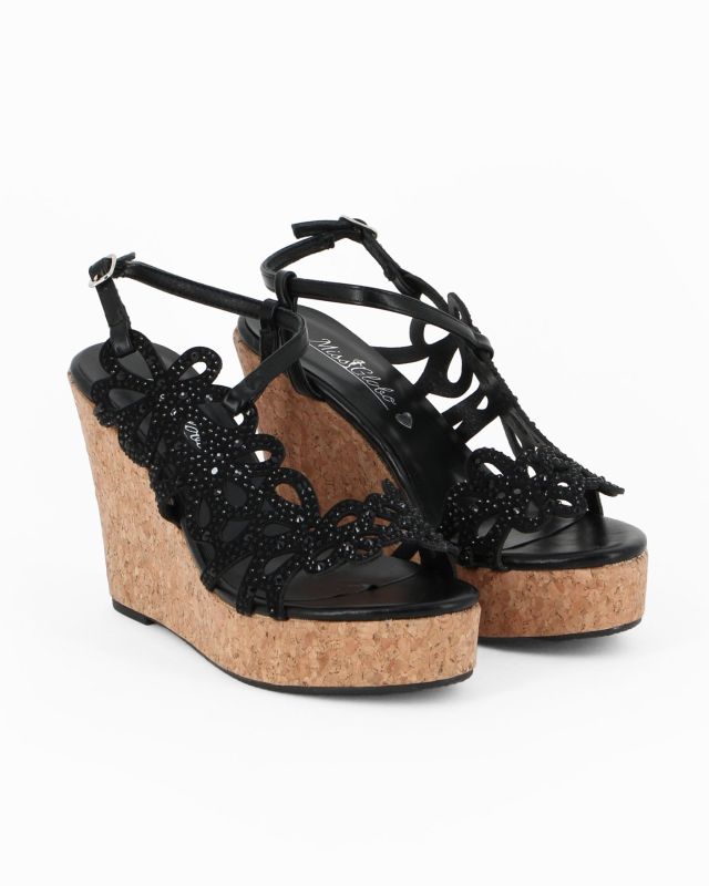 Prodotto: MISS GLOBO - Sandalo nero traforato con strass, zeppa 10CM