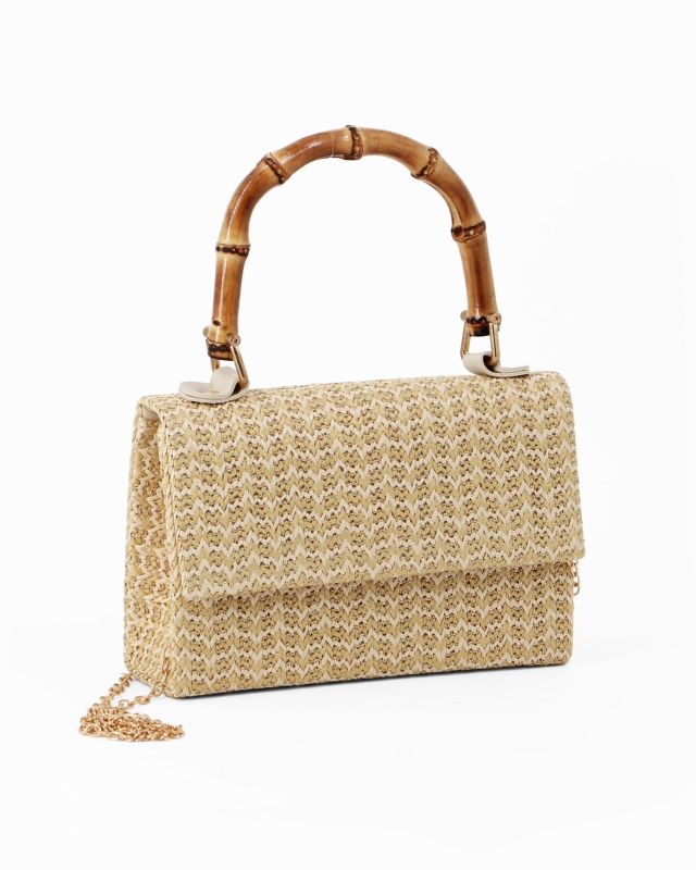 Prodotto: DIVAS - Pochette crema con trama ad intreccio e manico in bamboo, tracolla removibile