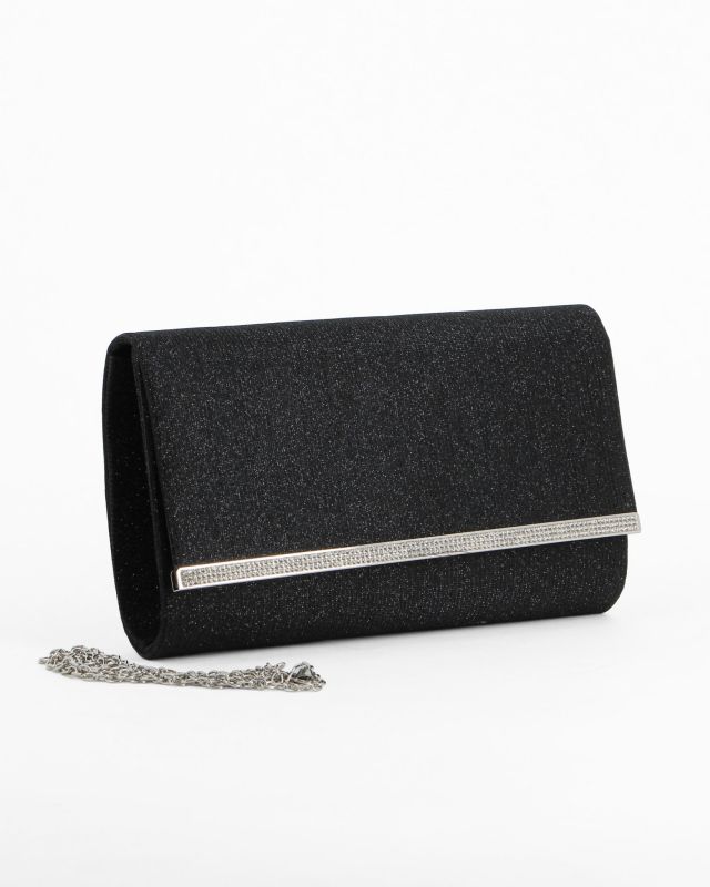 Prodotto: DIVAS - Pochette nera glitterata con filo di strass sulla patta, tracolla removibile