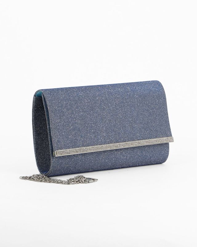 Prodotto: DIVAS - Pochette blu glitterata con filo di strass sulla patta, tracolla removibile