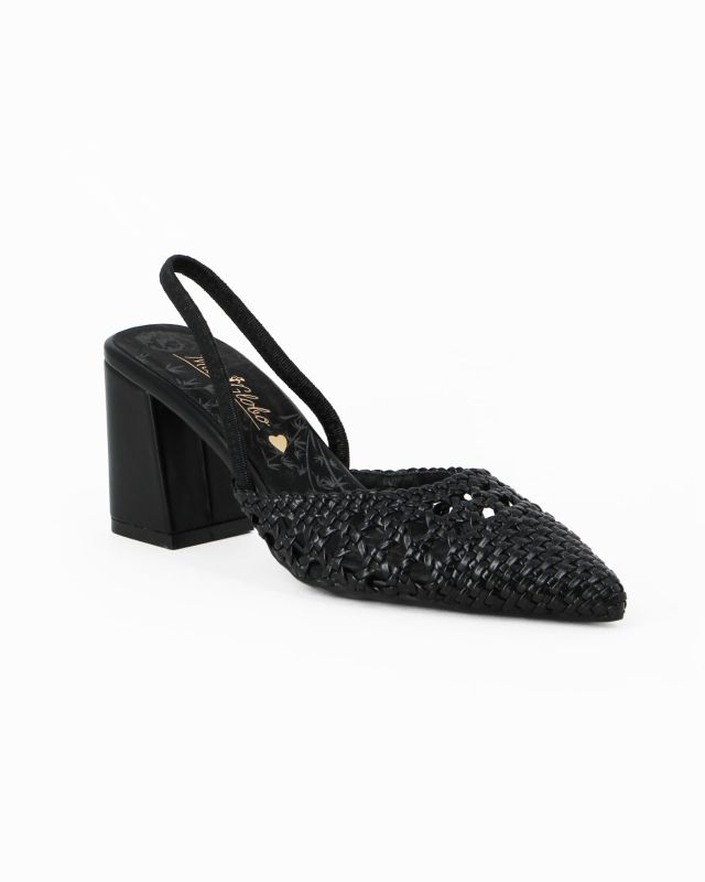 Prodotto: MISS GLOBO - Décolleté slingback nera con punta intrecciata, tacco 7CM