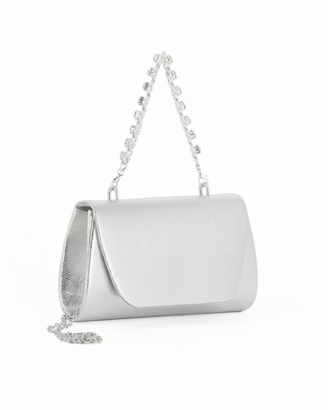 Prodotto: DIVAS - Pochette argento effetto pitonato con patta e manico gioiello, tracolla removibile