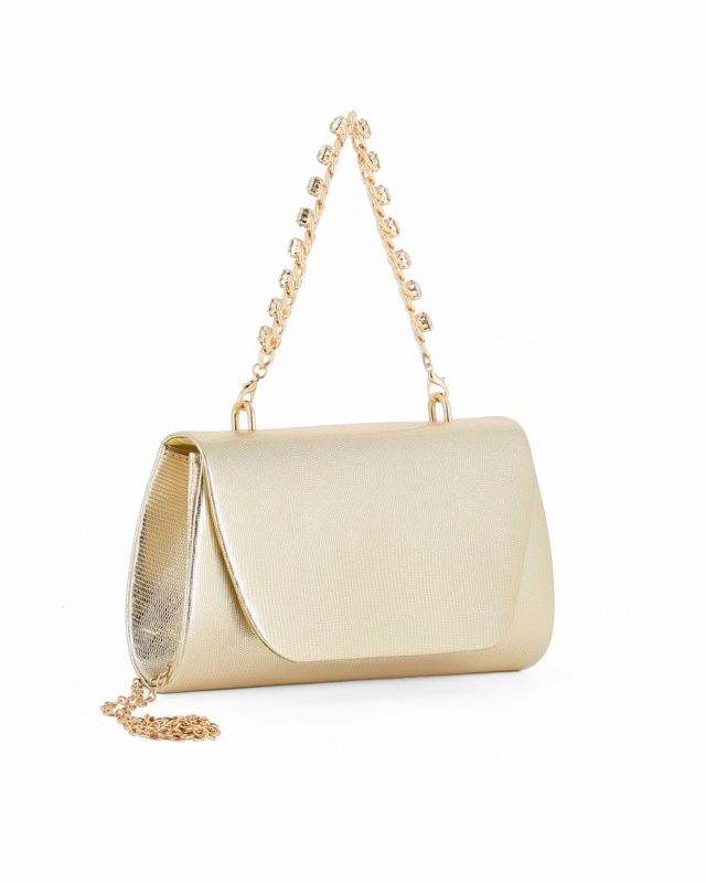 Prodotto: DIVAS - Pochette oro effetto pitonato con patta e manico gioiello, tracolla removibile