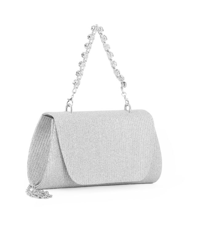 Prodotto: DIVAS - Pochette argentata in lurex con patta e manico gioiello, tracolla removibile