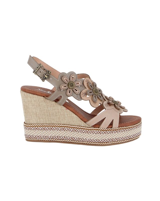 Prodotto: MISS GLOBO - Sandalo beige con fiori, zeppa 9CM