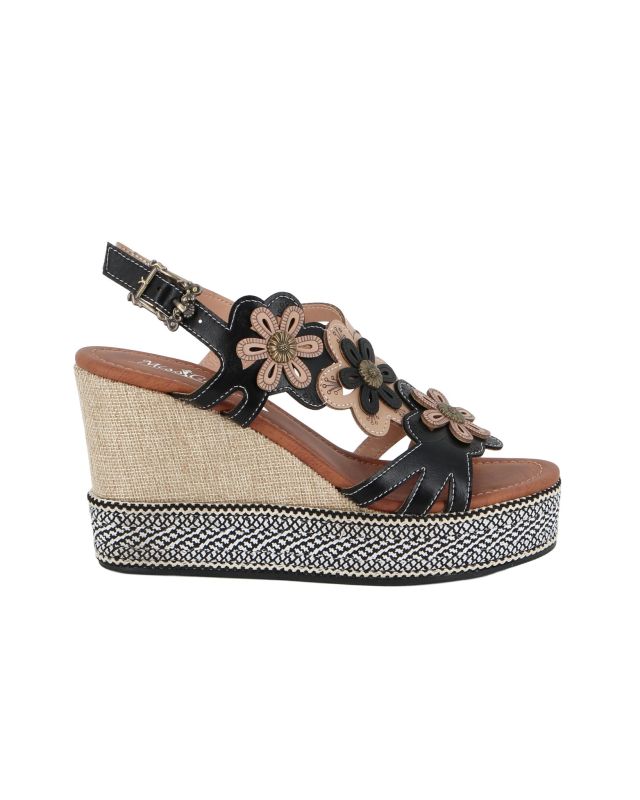 Prodotto: MISS GLOBO - Sandalo beige e nero con fiori, zeppa 9CM