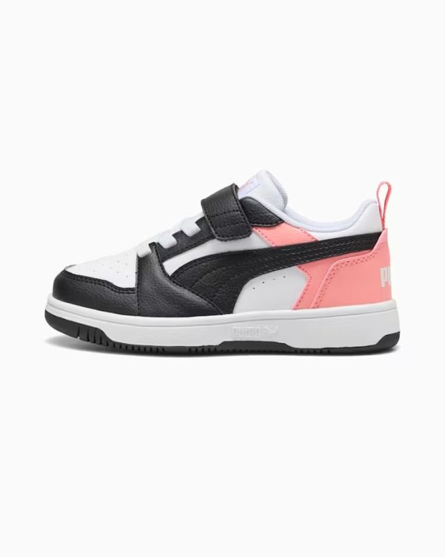 Prodotto: PUMA -  SNEAKERS KIDS REBOUND V6 LO BIANCA CON DETTAGLI NERI E ROSA PESCA DAL 28 AL 35,  397419-24