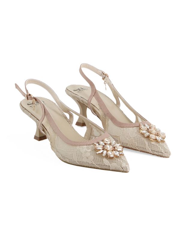 Prodotto: SOLO SOPRANI COUTURE - Décolleté slingback nude in pizzo con pietre e strass sulla punta, tacco 5,5CM