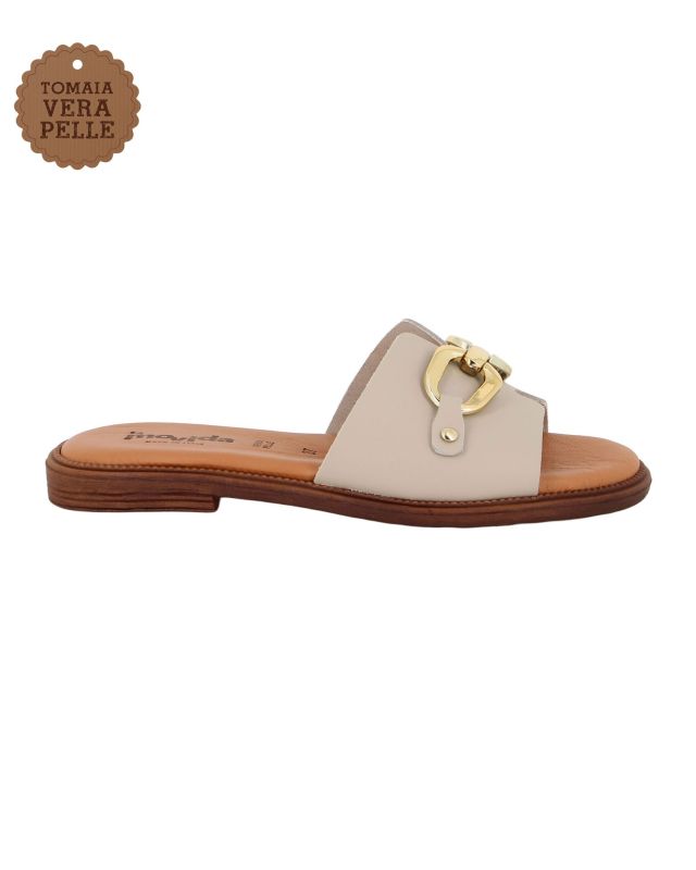 Prodotto: LA MOVIDA - Ciabatta beige con sottopiede in VERA PELLE e morsetto sulla fascia, MADE IN ITALY