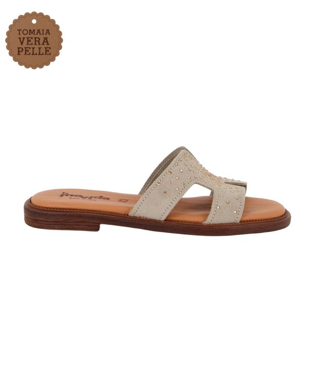Prodotto: LA MOVIDA - Ciabatta beige con sottopiede in VERA PELLE e fascia scamosciata con strass, MADE IN ITALY