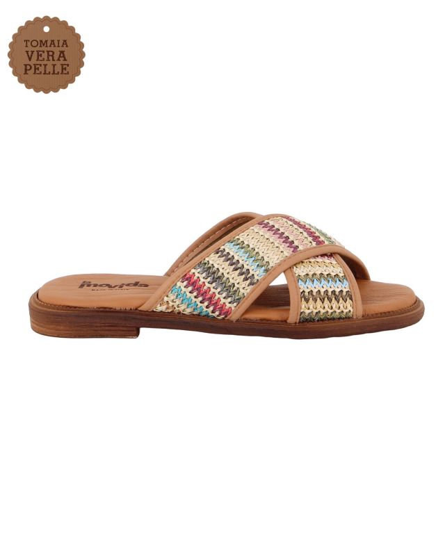 Prodotto: LA MOVIDA - Ciabatta con fasce incrociate in paglia multicolor e sottopiede in VERA PELLE, MADE IN ITALY