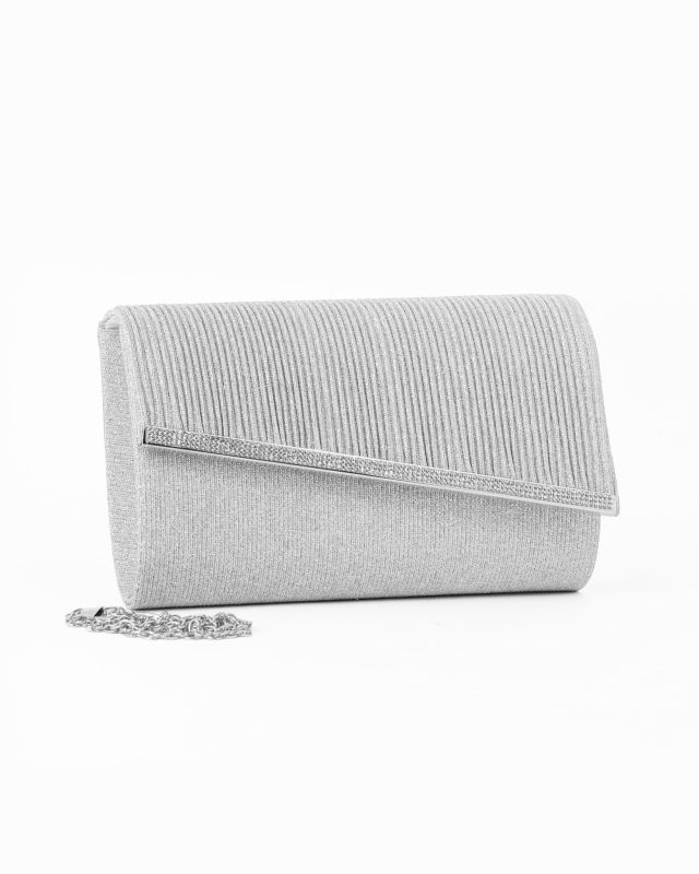 Prodotto: DIVAS - Pochette argento in lurex con filo di strass sulla patta, tracolla removibile