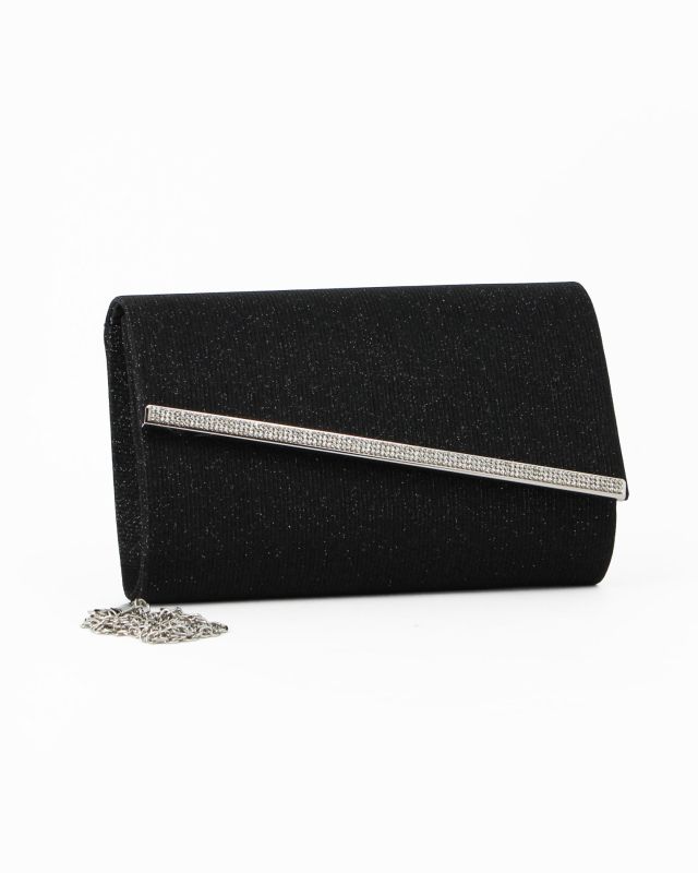 Prodotto: DIVAS - Pochette nera in lurex con filo di strass sulla patta, tracolla removibile