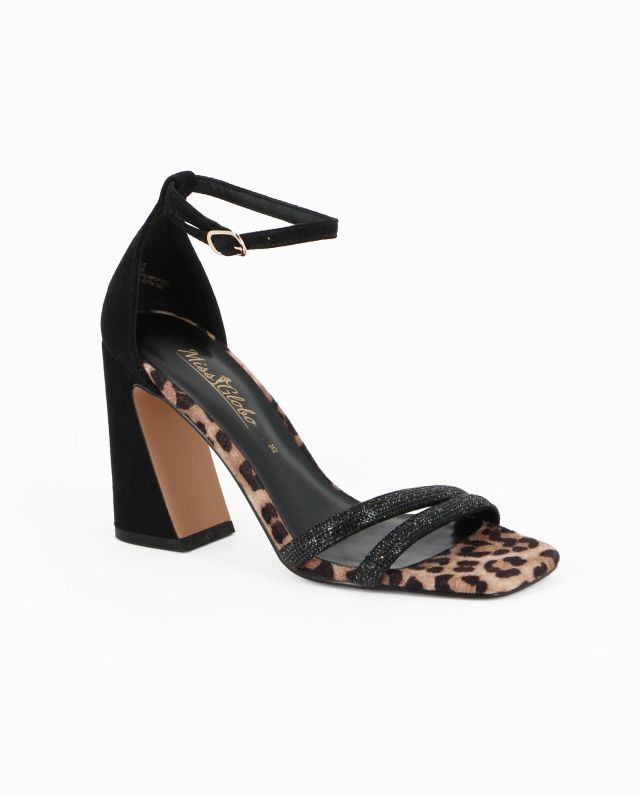 Prodotto: MISS GLOBO - Sandalo nero scamosciato con strass, punta quadrata leopardata e cinturino alla caviglia, tacco 8,5CM