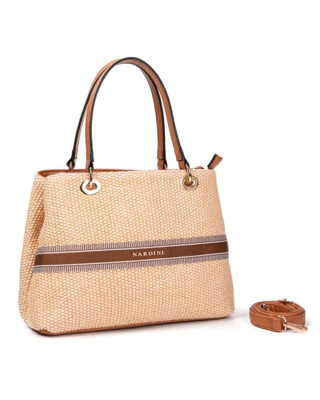 Prodotto: NARDINI - Borsa due manici beige in paglia con tre scomparti interni, tracolla removibile