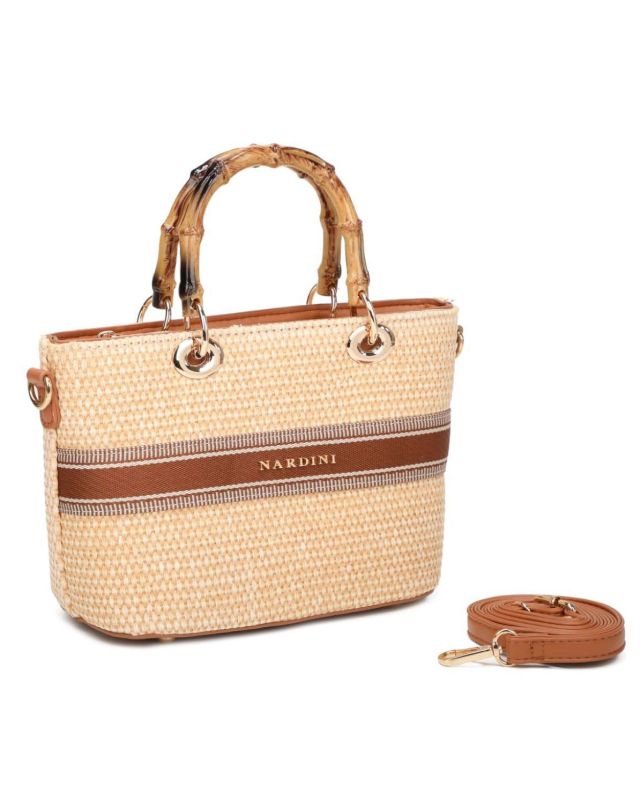 Prodotto: NARDINI - Minibag beige in paglia con manici in bamboo, tracolla removibile