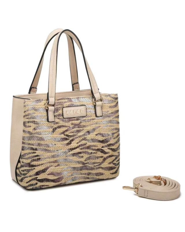 Prodotto: RIFLE - Borsa a due manici beige con tre  scomparti interni e trama frontale zebrata a intreccio, tracolla removibile