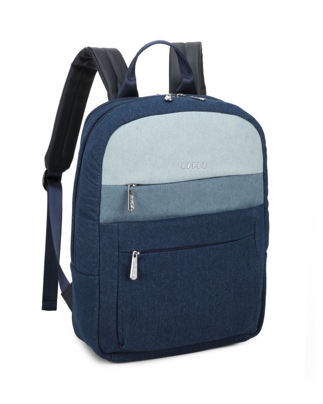 Prodotto: RIFLE - Zaino ufficio blu jeans con due scomparti principali e tre tasche frontali
