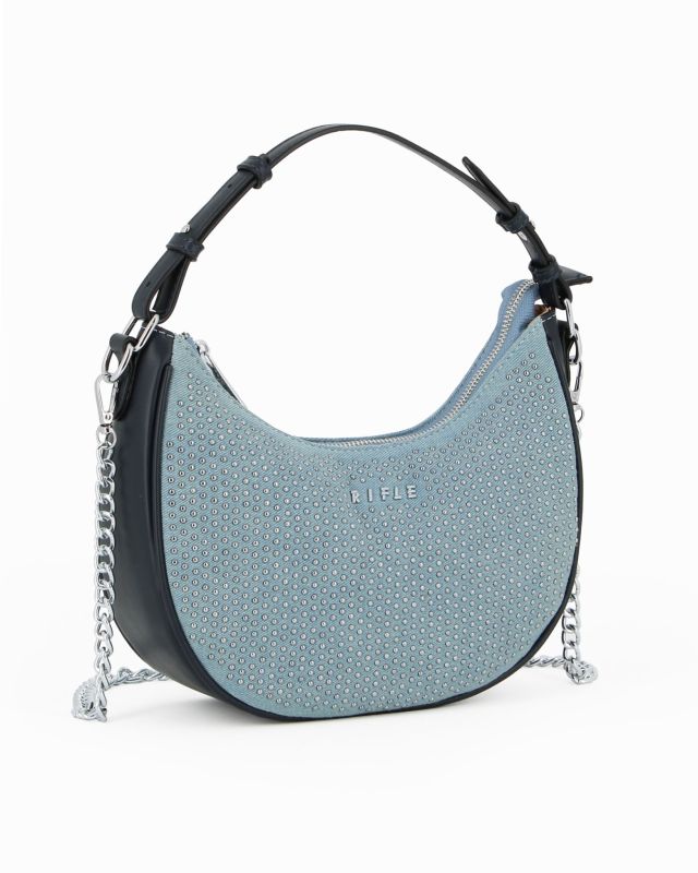 Prodotto: RIFLE - Borsa mezzaluna blu jeans con borchie, catenina removibile