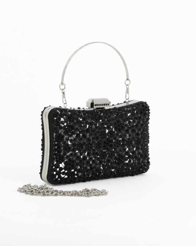 Prodotto: DIVAS - Clutch trasparente con strass neri, tracolla e manico removibili
