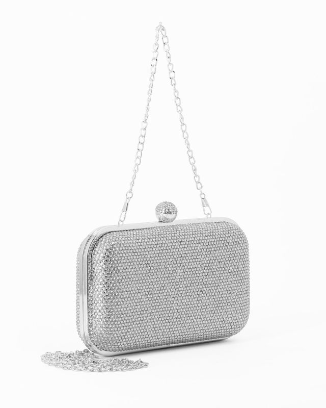 Prodotto: DIVAS - Clutch argento con strass, pomello  strass e tracolla removibile