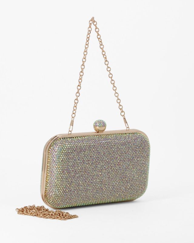 Prodotto: DIVAS - Clutch oro con strass multicolor, pomello  strass e tracolla removibile