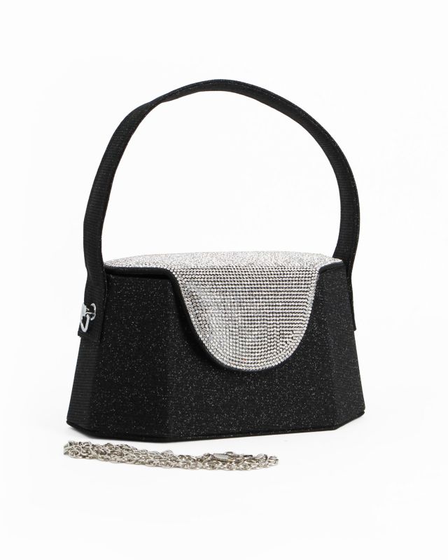 Prodotto: DIVAS - Pochette rigida nera in lurex con patta strass, tracolla removibile