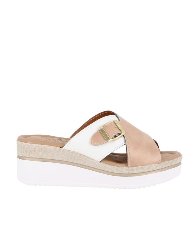 Prodotto: STARLIGHT - Ciabatta platform bianca e beige con fibbia e sottopiede in VERA PELLE, tacco 5,5CM - MADE IN ITALY