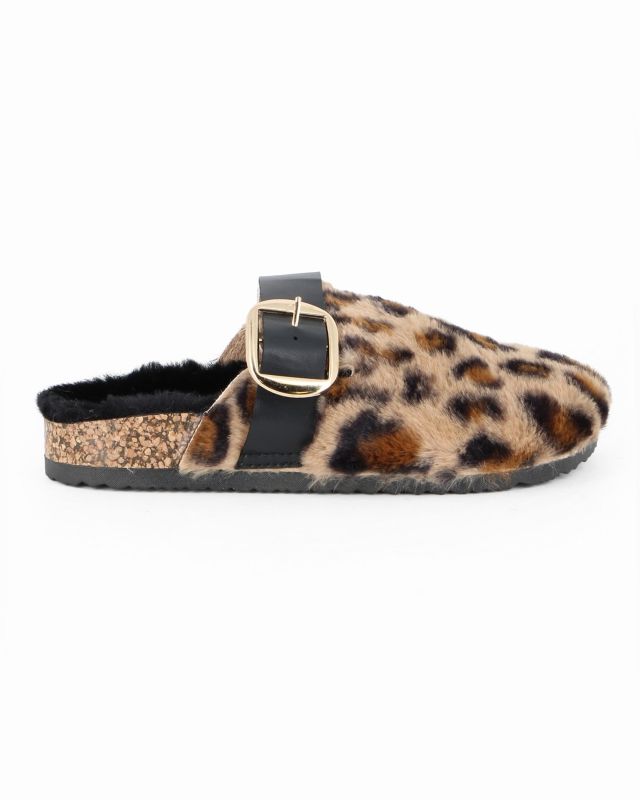 Prodotto: TATOO - Sabot leopardato con pelliccia e cinturino con fibbia