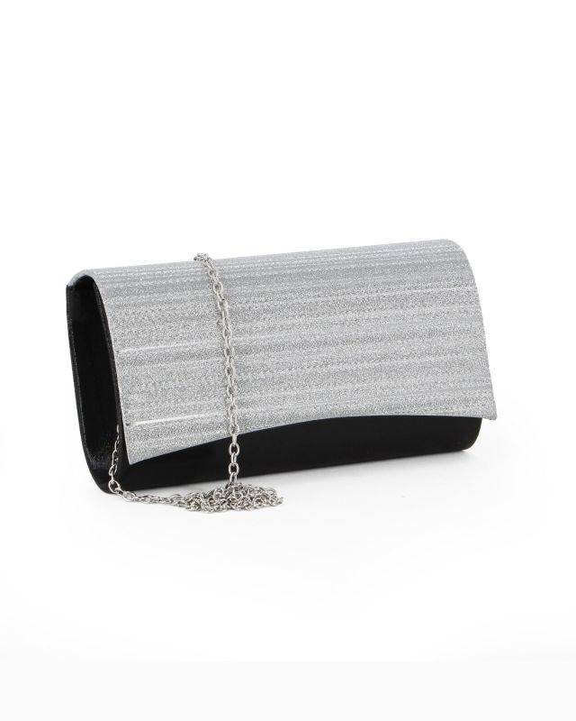 Prodotto: MISS GLOBO - Pochette in raso nera con patta glitter argento effetto plissettato,  tracolla removibile
