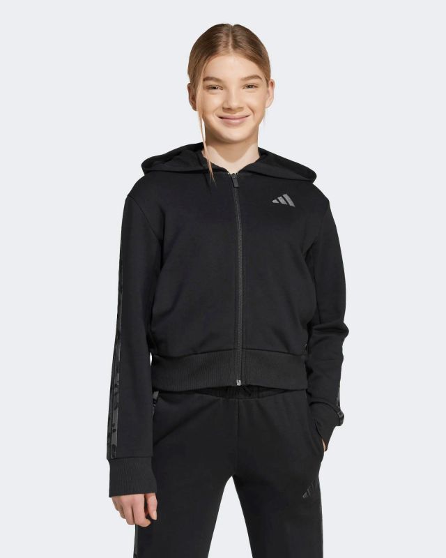 Prodotto: ADIDAS - FELPA FULL ZIP CON CAPPUCCIO RAGAZZA NERA CON 3 BANDE LEOPARDATE GRIGIE ESSENTIALS ANIMALIER 3-STRIPES FRENCH TERRY HOODIE  - KC5418