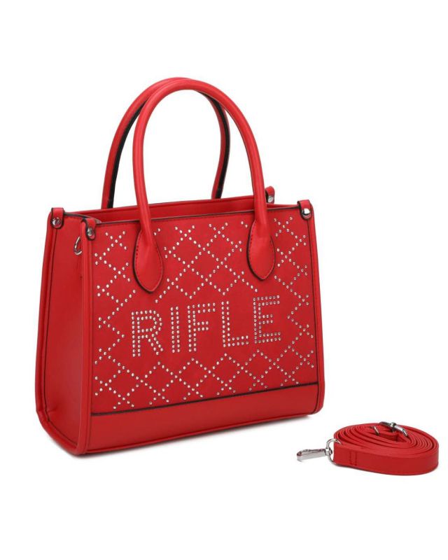 Prodotto: RIFLE - Borsa due manici rossa con tasca posteriore e strass, tracolla removibile
