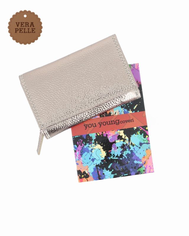 Prodotto: YOU YOUNG COVERI - Portafoglio grigio laminato in VERA PELLE con patta e tasca portamonete