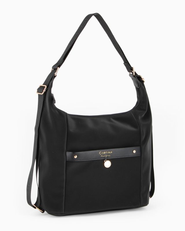 Prodotto: CORTINA POLO STYLE - Borsa/Zaino nera con tasca frontale e dettaglio logo pendente