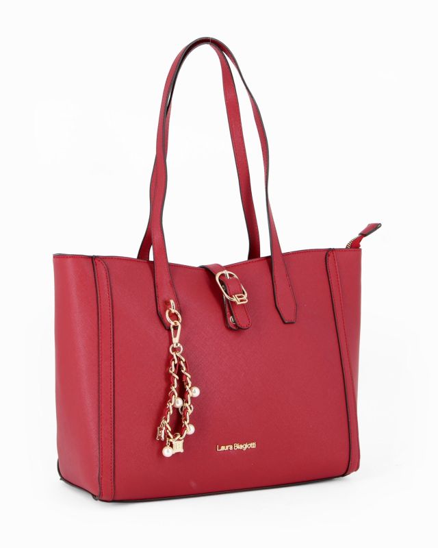 Prodotto: LAURA BIAGIOTTI - Borsa a due manici rubino con mini pattina e dettaglio pendente con perle