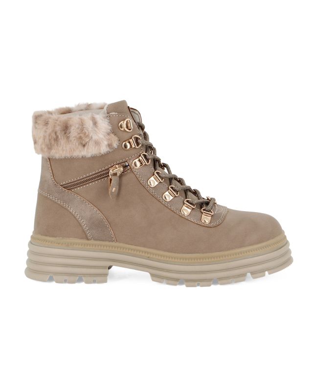 Prodotto: CANGURO - Scarponcino beige con lacci, pelliccetta e finta zip