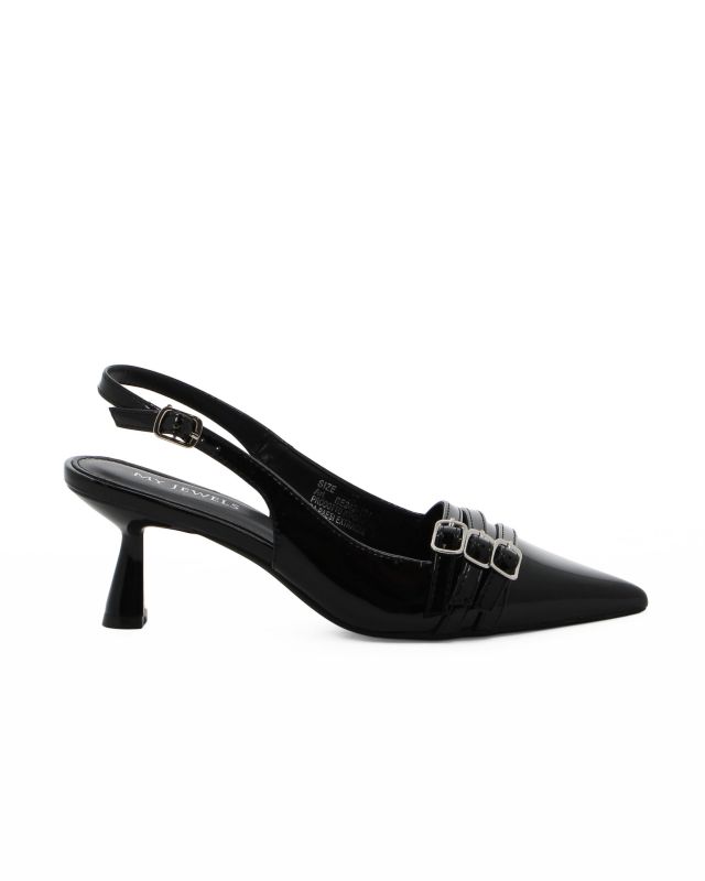 Prodotto: MY JEWELS - Décolleté slingback nera in vernice con tre cinturini sulla punta, tacco 6CM