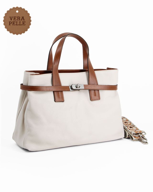 Prodotto: DIVAS - Borsa due manici beige in VERA PELLE con tracolla nastro - MADE IN ITALY