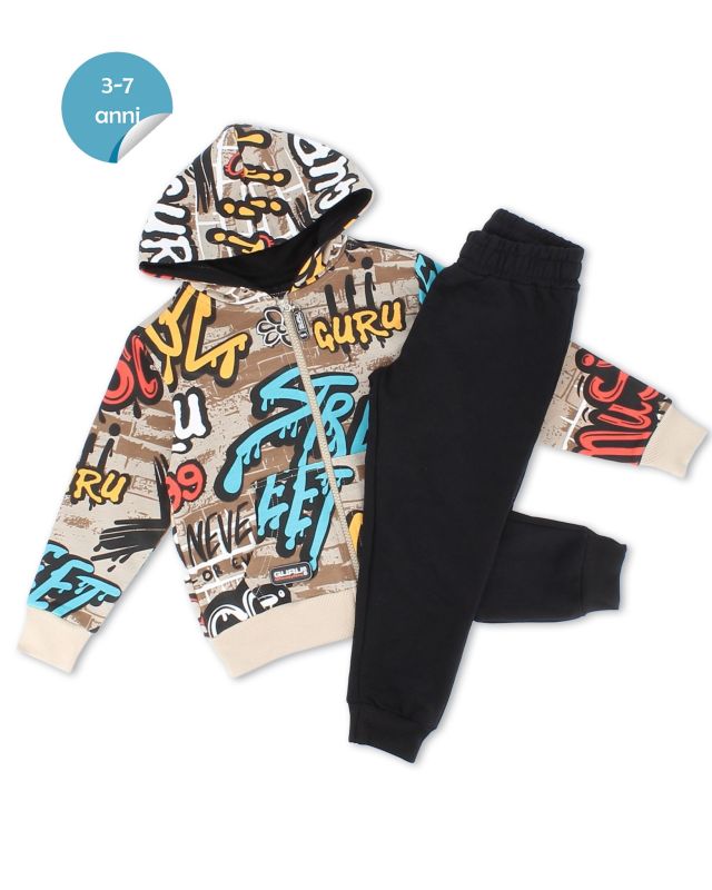 Prodotto: GURU - COMPLETO TUTA BAMBINO FELPA PANNA STAMPA GRAFFITI CON ZIP E CAPPUCCIO