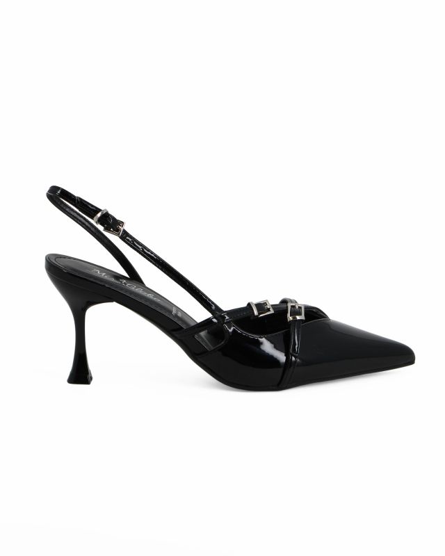 Prodotto: MISS GLOBO - Décolleté slingback nera in vernice con sottopiede in memory foam e cinturini incrociati, tacco 7,5CM