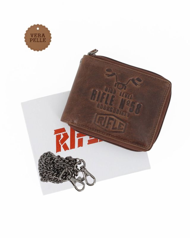 Prodotto: RIFLE - Portafoglio marrone in VERA PELLE da uomo con chiusura a zip e catenina removibile