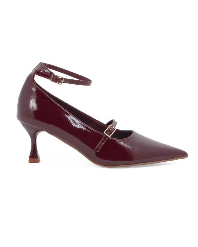 Prodotto: MISS GLOBO - Décolleté bordeaux in vernice con cinturino frontale e cinturino alla caviglia, tacco 6CM