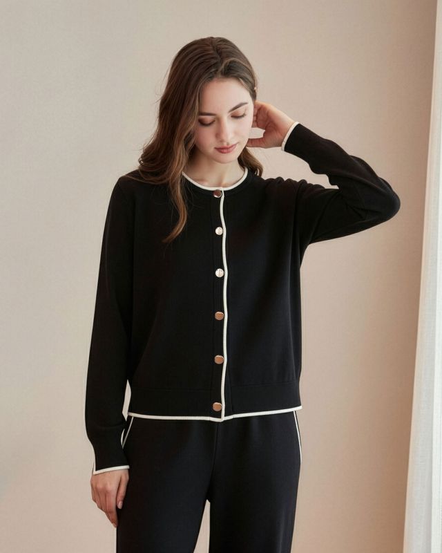 Prodotto: BACHATA - Cardigan manica lunga nero e bianco con bottoni da donna