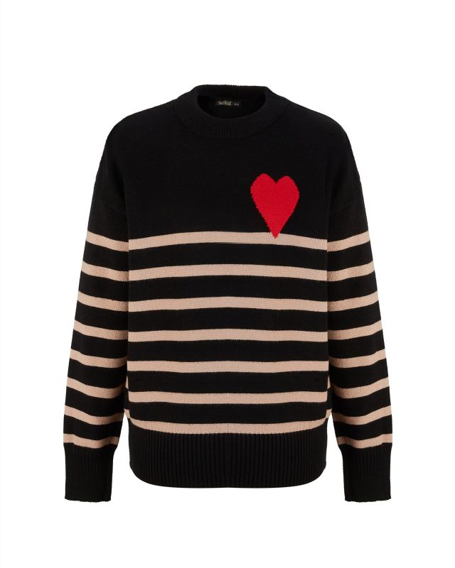 Prodotto: BACHATA - Maglia manica lunga nera a righe beige e cuore