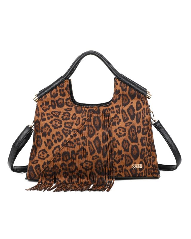 Prodotto: ENRICO COVERI - Borsa a mano leopardata scamosciata con frange e tasca posteriore, tracolla removibile